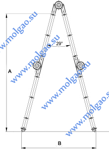 Четырехсекционная лестница-трансформер. Размеры А, В